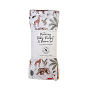 Baby blanket and beanie set with animal pattern packaging on a white background