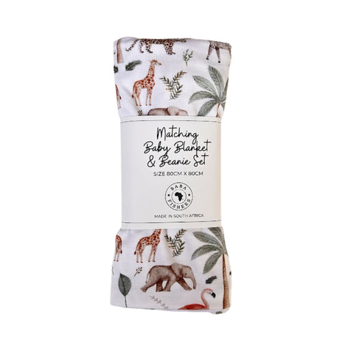 Baby blanket and beanie set with animal pattern packaging on a white background