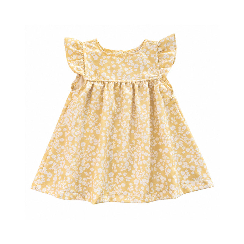 Mocca Dress in pale yellow with a delicate white flower and leaf print, flutter sleeves, a curved neckline and gathered skirt, shown from the front.