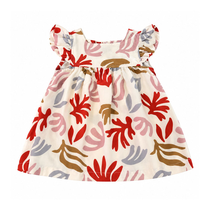 Front view of the cream Mocca Dress in the Matisse print, featuring colourful abstract botanical shapes, a square neckline, ruffled cap sleeves and a softly gathered skirt.