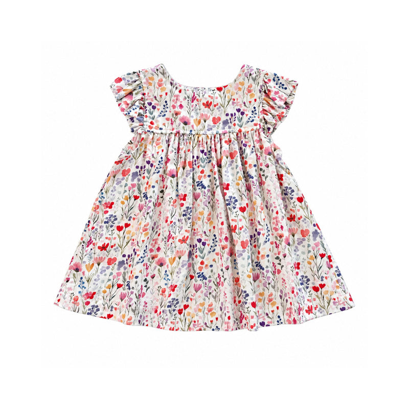 White floral dress with pink, red, purple, blue and yellow flowers, green foliage, flutter sleeves, a round neckline and a gathered, flared skirt.