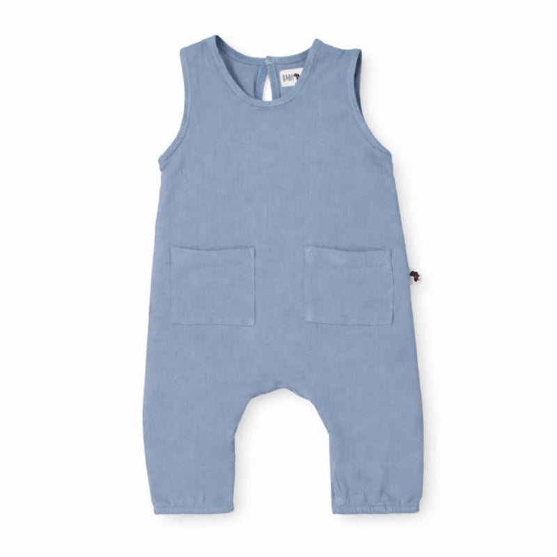 French Blue sleeveless muslin romper with pockets