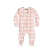 Adapt Romper - Pink Gingham soft pink and white gingham long-sleeve baby romper with front zip and cuffed ankles that turn over to cover the feet and the sleeves become mittens.
