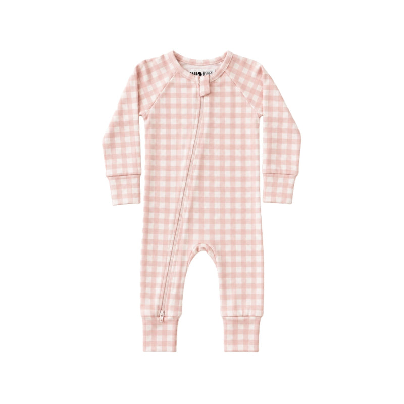 Adapt Romper - Pink Gingham soft pink and white gingham long-sleeve baby romper with front zip and cuffed ankles that turn over to cover the feet and the sleeves become mittens.