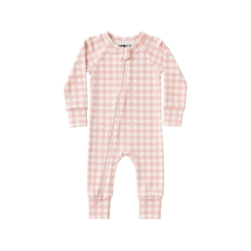 Adapt Romper - Pink Gingham soft pink and white gingham long-sleeve baby romper with front zip and cuffed ankles that turn over to cover the feet and the sleeves become mittens.