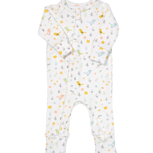 Baby onesie with bird and flower pattern on a white background