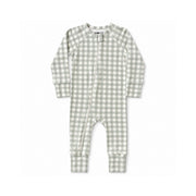 Adapt Romper - Sage Green Gingham soft sage green and white gingham long-sleeve baby romper with front zip and cuffed ankles that turn over to cover the feet and the sleeves become mittens.