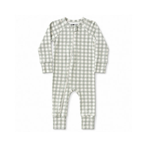 Adapt Romper - Sage Green Gingham soft sage green and white gingham long-sleeve baby romper with front zip and cuffed ankles that turn over to cover the feet and the sleeves become mittens.