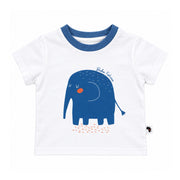 White short-sleeve Ellie tee with a blue ribbed crew neckline, large blue elephant with an orange cheek, Baba Fishees lettering and an Africa motif side label.