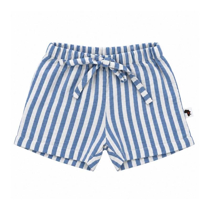 Blue-and-white vertically striped cotton muslin shorts from the Shirt and Shorts Set - Ellie, showing the gathered elasticated waistband, matching bow tie, stitched hems and side label.