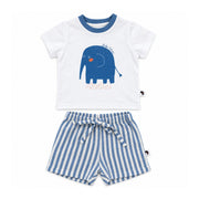 Shirt and Shorts Set - Ellie featuring a white tee with a blue elephant, orange details and blue ribbed neckline, paired with blue-and-white striped shorts with an elasticated waist and front tie.
