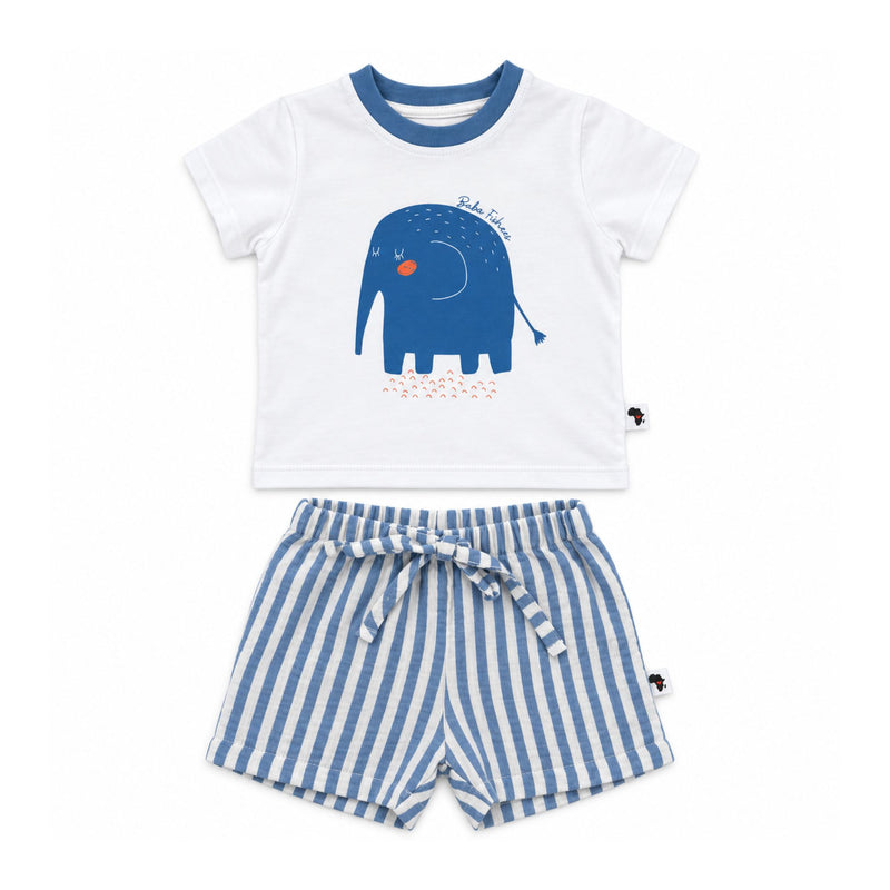 Shirt and Shorts Set - Ellie featuring a white tee with a blue elephant, orange details and blue ribbed neckline, paired with blue-and-white striped shorts with an elasticated waist and front tie.