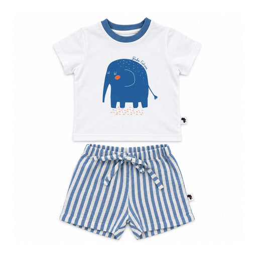 Shirt and Shorts Set - Ellie featuring a white tee with a blue elephant, orange details and blue ribbed neckline, paired with blue-and-white striped shorts with an elasticated waist and front tie.
