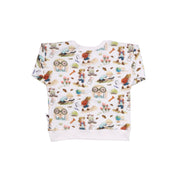 Back of White children’s sweatshirt with Felix all-over print featuring illustrated characters, flowers, insects and adventure-themed details