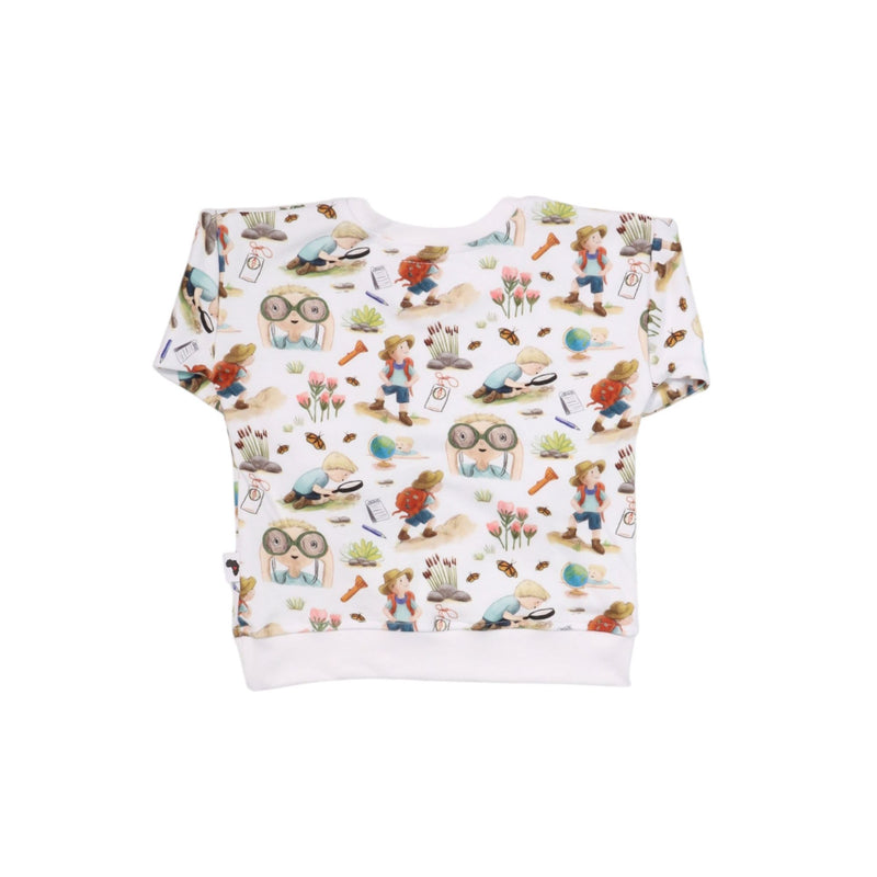 Back of White children’s sweatshirt with Felix all-over print featuring illustrated characters, flowers, insects and adventure-themed details