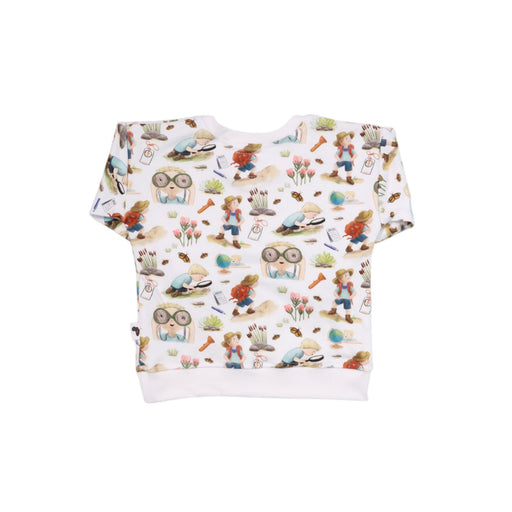 Back of White children’s sweatshirt with Felix all-over print featuring illustrated characters, flowers, insects and adventure-themed details