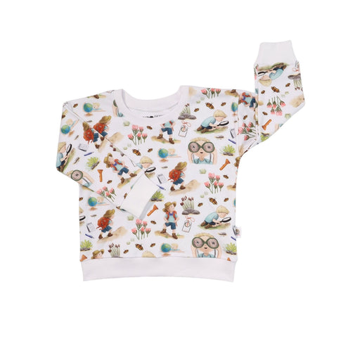 White children’s sweatshirt with Felix all-over print featuring illustrated characters, flowers, insects and adventure-themed details