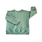 Back view of a sage green long-sleeve crewneck sweatshirt.