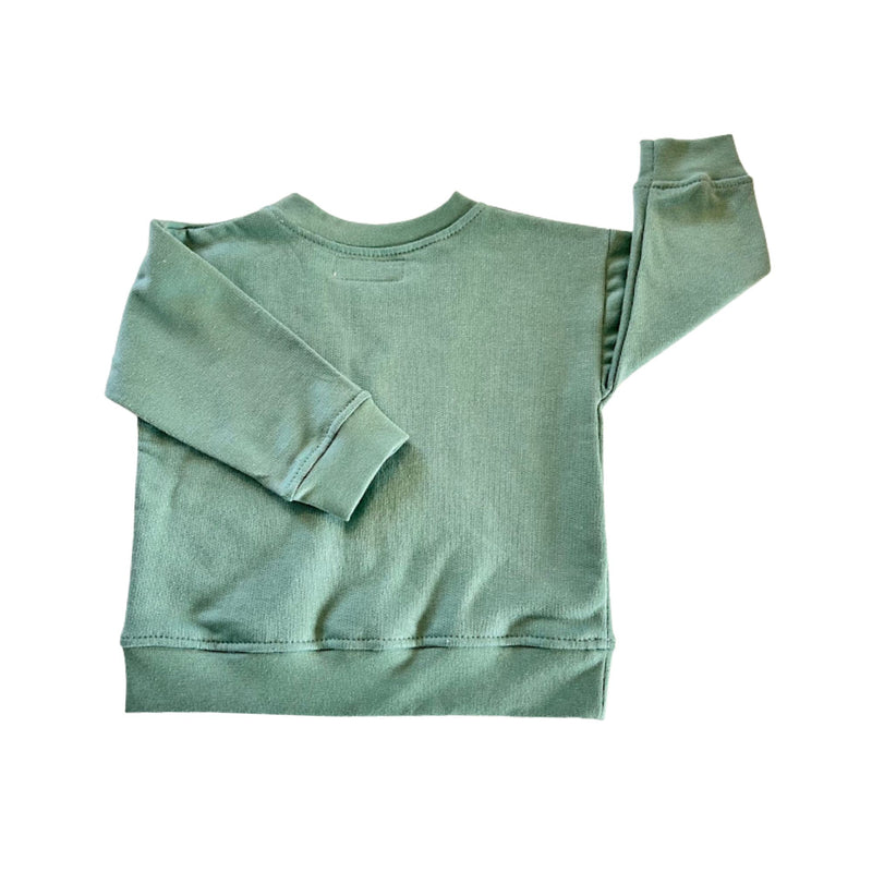 Back view of a sage green long-sleeve crewneck sweatshirt.