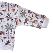Arm view of White Sweat Shirt - Two by Two with African animals, flamingos and palm trees