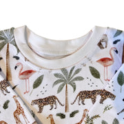 Neck view of White Sweat Shirt - Two by Two with African animals, flamingos and palm trees