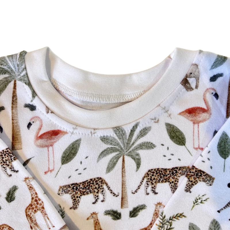 Neck view of White Sweat Shirt - Two by Two with African animals, flamingos and palm trees