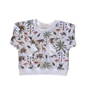 White Sweat Shirt - Two by Two with African animals, flamingos and palm trees