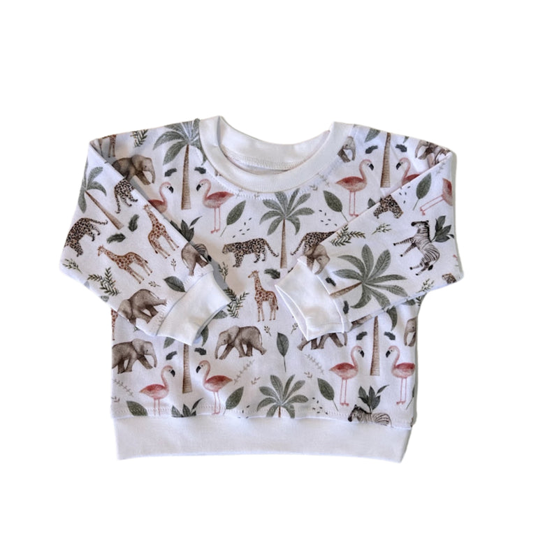 White Sweat Shirt - Two by Two with African animals, flamingos and palm trees