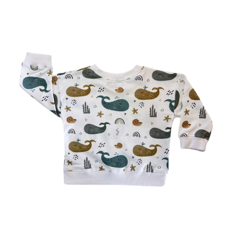 Back view of Sweat Shirt - Whales on White white cotton kids’ sweatshirt with whale print