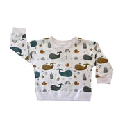 Sweat Shirt - Whales on White white cotton kids’ sweatshirt with blue, grey and mustard whale print