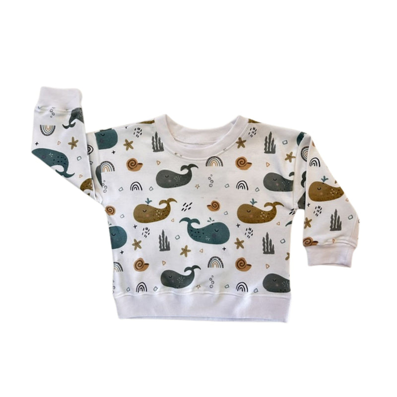 Sweat Shirt - Whales on White white cotton kids’ sweatshirt with blue, grey and mustard whale print