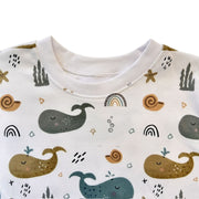 Sweat Shirt - Whales on White ribbed white neckline and colourful whale print close-up