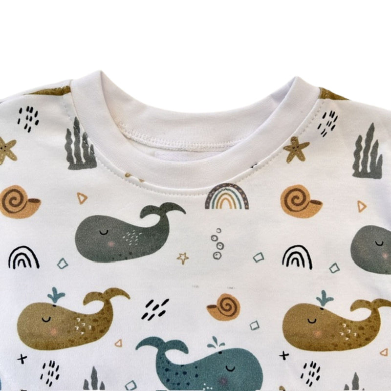 Sweat Shirt - Whales on White ribbed white neckline and colourful whale print close-up