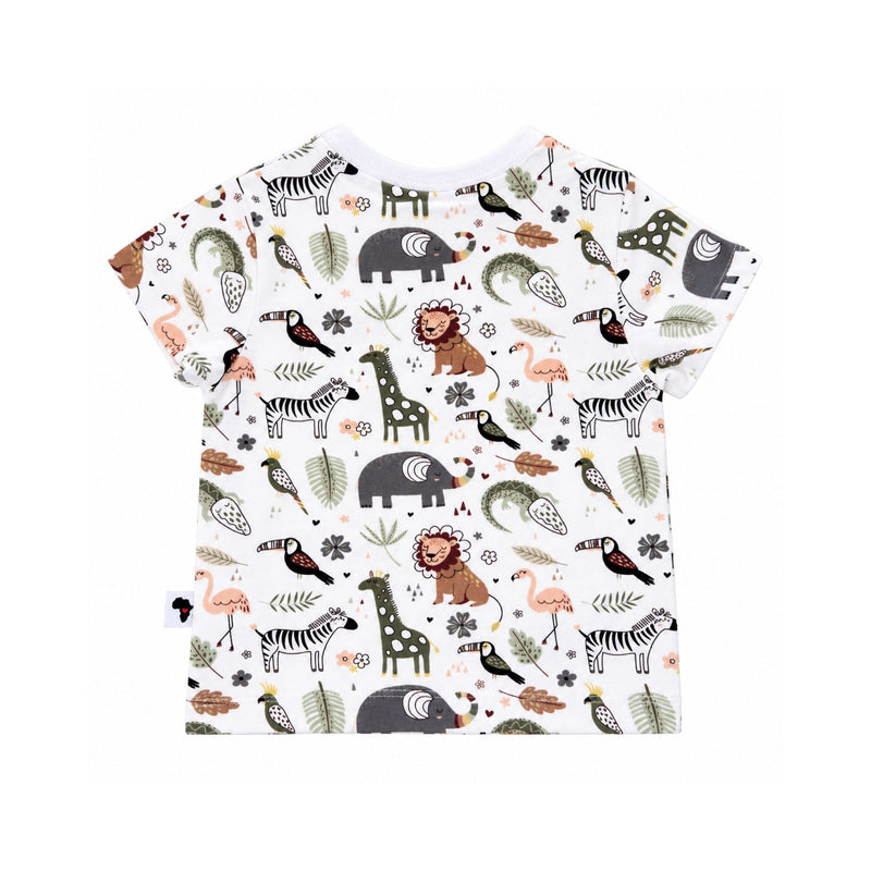 Back view of Tee Shirt - African Plains showing short sleeves, a straight hem and grey elephants, green crocodiles, rust lions and birds printed on white.