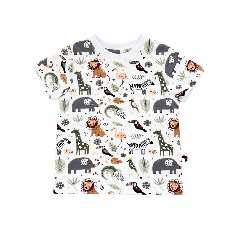 Front view of white Tee Shirt - African Plains with short sleeves, a white ribbed neckline and colourful elephants, lions, giraffes, zebras and flamingos.