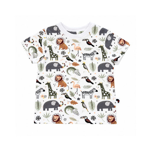Front view of white Tee Shirt - African Plains with short sleeves, a white ribbed neckline and colourful elephants, lions, giraffes, zebras and flamingos.