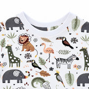 Close-up of Tee Shirt - African Plains showing the white ribbed crew neck and neat stitching above a rust lion, peach flamingo, green giraffe and zebra.