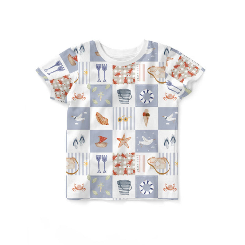 Short-sleeve shirt with a colorful pattern of by the seaside icons on a white background