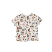 Back of Children’s white short-sleeve tee with Felix all-over print featuring illustrated characters, flowers, insects and adventure-themed details