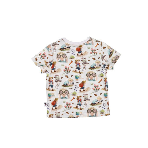 Back of Children’s white short-sleeve tee with Felix all-over print featuring illustrated characters, flowers, insects and adventure-themed details