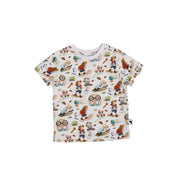 Children’s white short-sleeve tee with Felix all-over print featuring illustrated characters, flowers, insects and adventure-themed details