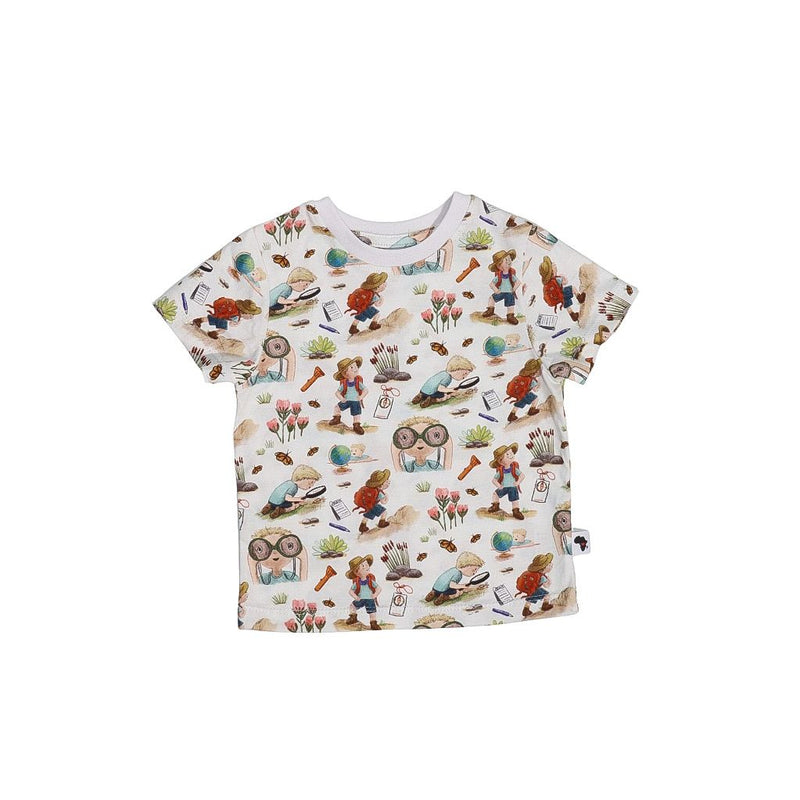 Children’s white short-sleeve tee with Felix all-over print featuring illustrated characters, flowers, insects and adventure-themed details