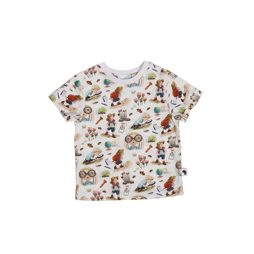 Children’s white short-sleeve tee with Felix all-over print featuring illustrated characters, flowers, insects and adventure-themed details