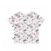 Back view of A short-sleeve children's t-shirt with an all-over whimsical print of sea creatures, including dolphins, seahorses, starfish, and coral, on a white background. 