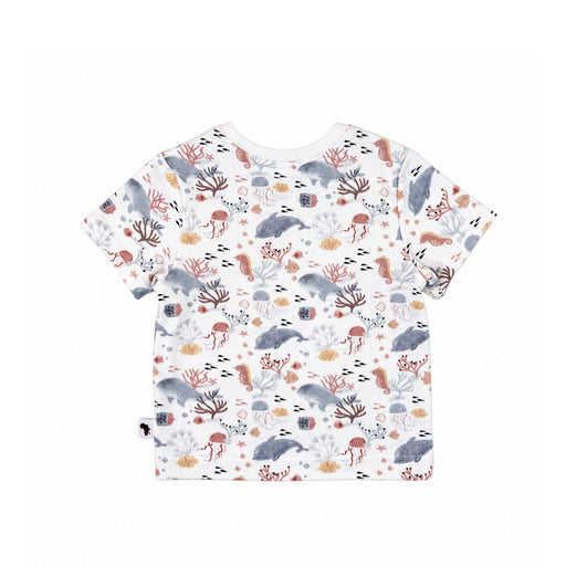 Back view of A short-sleeve children's t-shirt with an all-over whimsical print of sea creatures, including dolphins, seahorses, starfish, and coral, on a white background. 