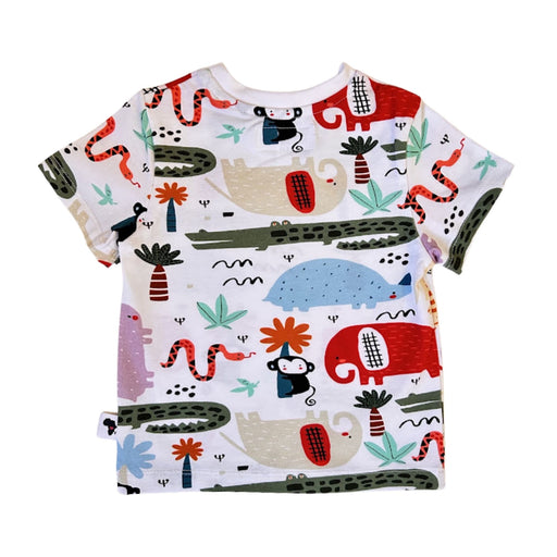 Back view of Tee Shirt - Rust Ellie white cotton kids’ tee with colourful African animal print