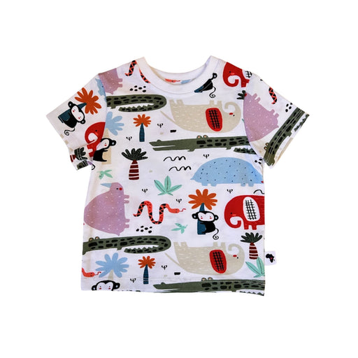 Tee Shirt - Rust Ellie white cotton kids’ tee with colourful elephant, crocodile and monkey print