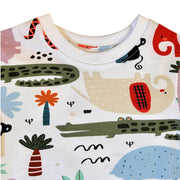 Tee Shirt - Rust Ellie soft white ribbed neckline and colourful animal print close-up