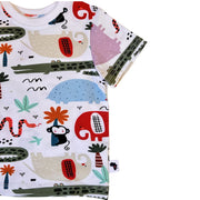 Tee Shirt - Rust Ellie short sleeve and colourful elephant, crocodile and monkey print close-up
