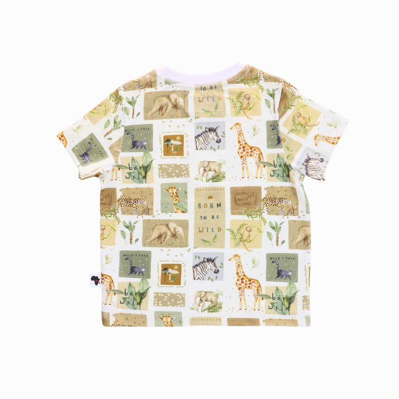 Back view of Tee Shirt – Safari Stamps cotton and lycra kids tee with safari animal stamp print